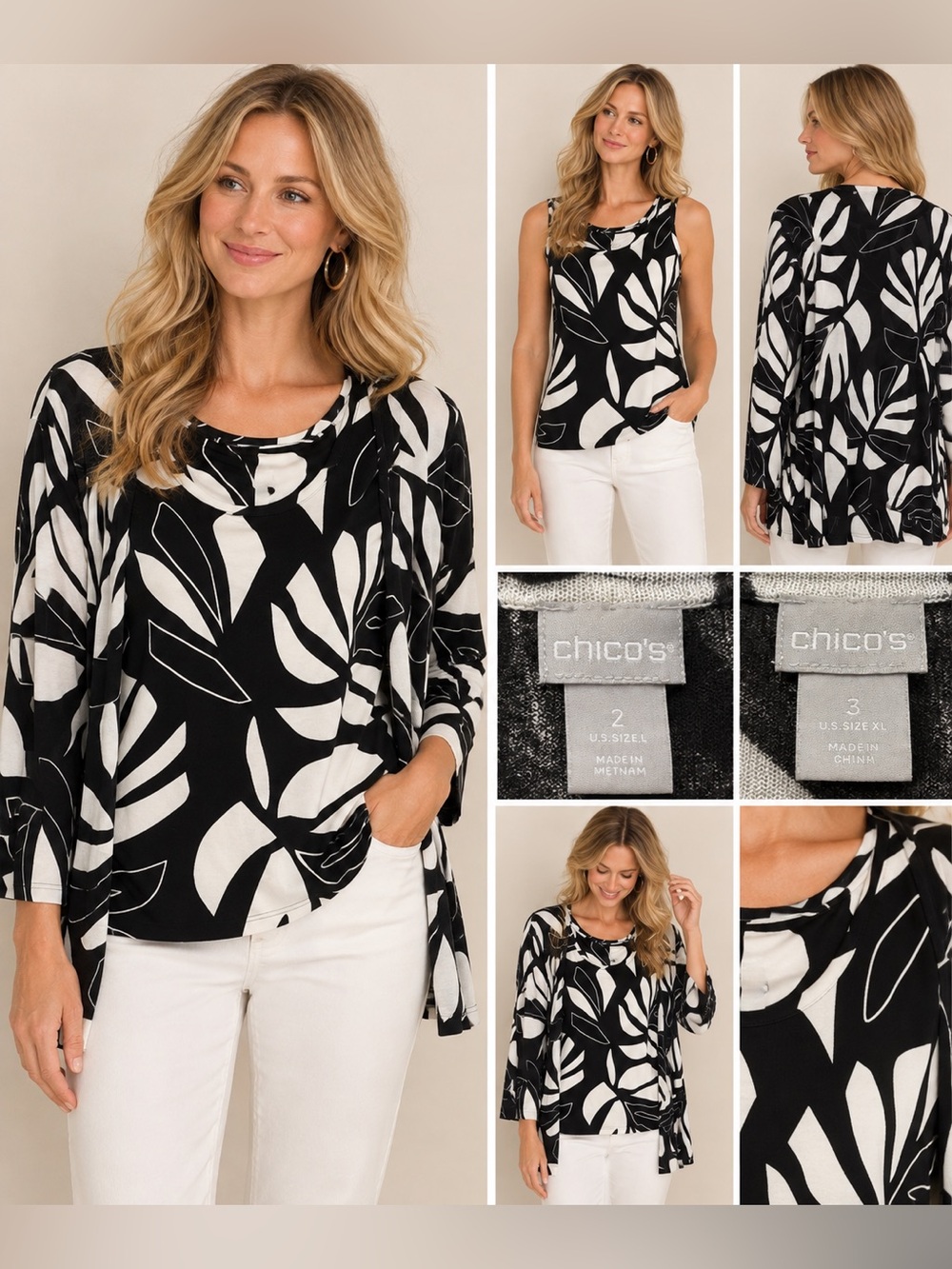 Chico’s Black White Floral 2-Piece Tank & Open Cardigan Set Size 2/3